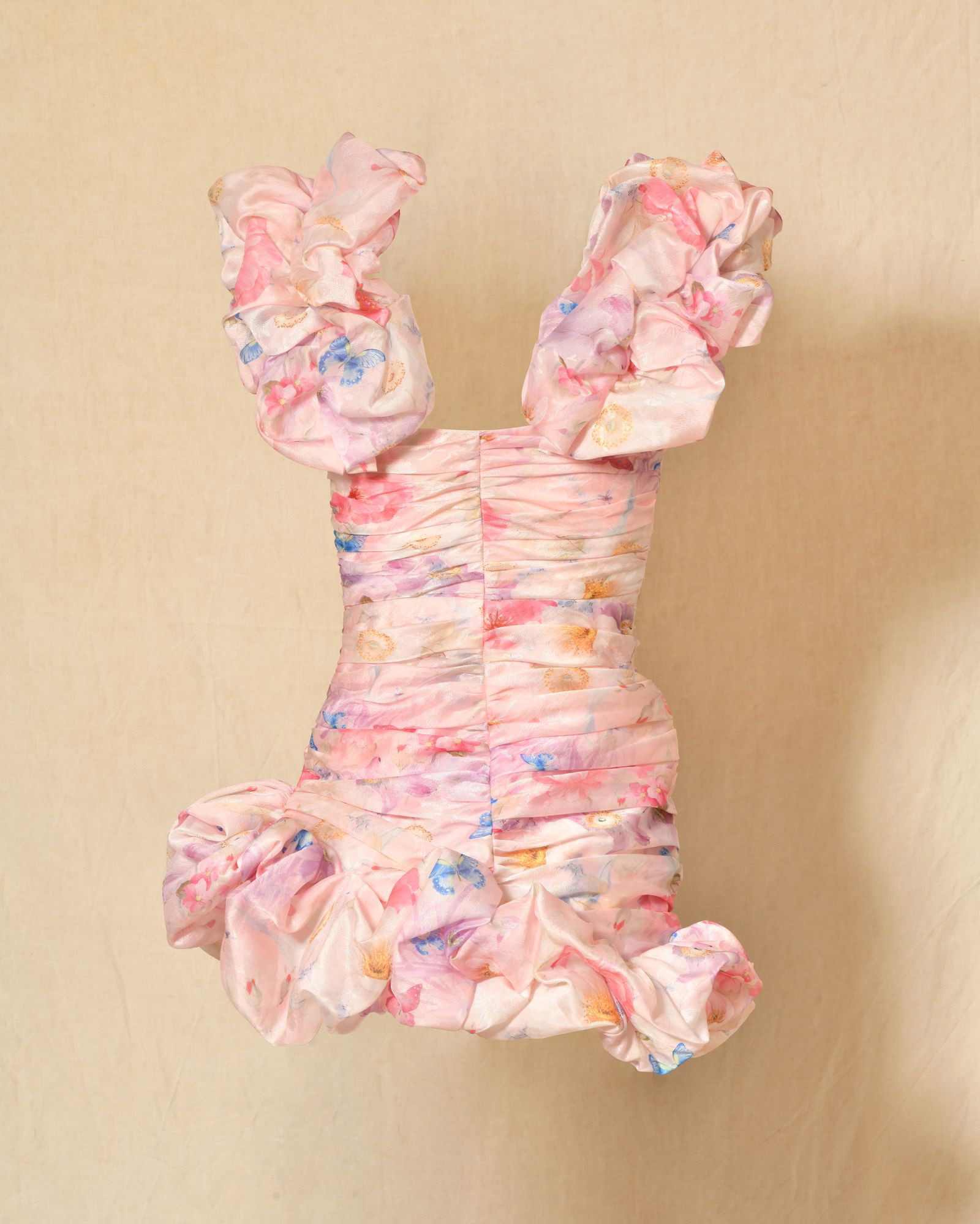 Robe bustier drapée rose à volants Edward Achour