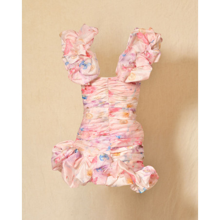 Robe bustier drapée rose à volants Edward Achour