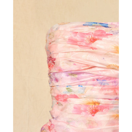 Robe bustier drapée rose à volants Edward Achour
