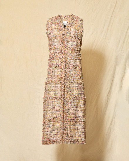 Manteau sans manches beige en tweed multicolore Edward Achour