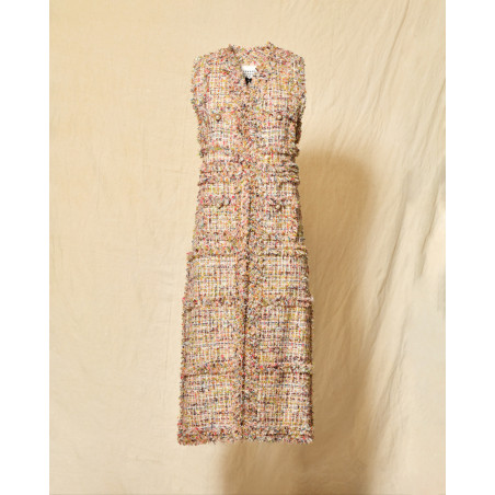 Manteau sans manches beige en tweed multicolore Edward Achour