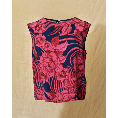 Top en soie sans manches violet à imprimé floral Lady Cotton