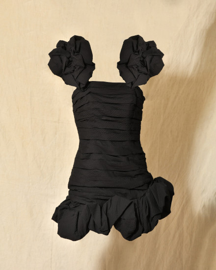 Robe bustier drapée  noire à volants Edward Achour