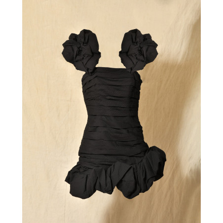 Robe bustier drapée noire à volants Edward Achour