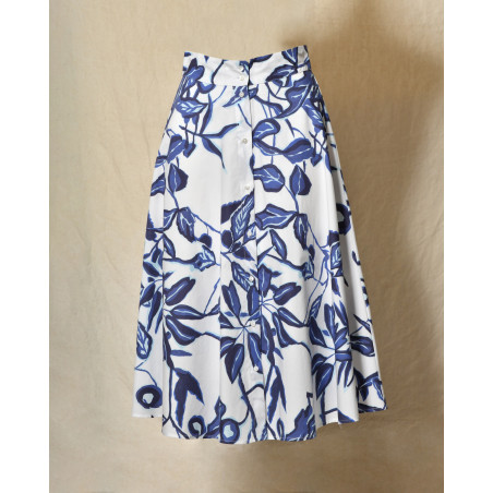 Jupe évasée blanche à imprimé florale bleu Lady Cotton