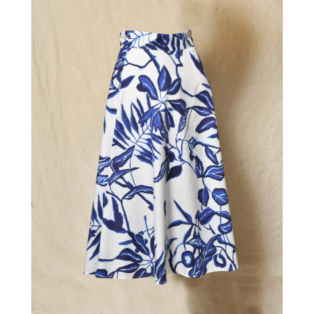 Jupe évasée blanche à imprimé florale bleu Lady Cotton
