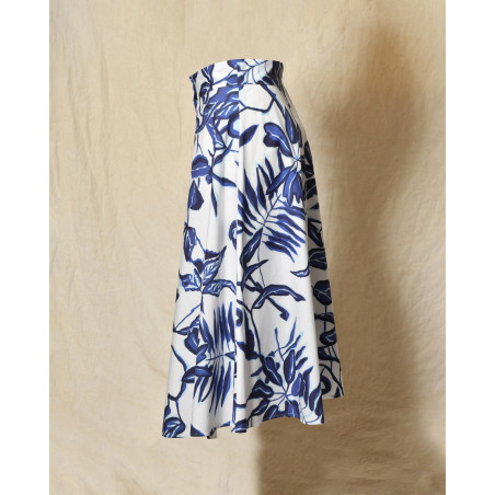Jupe évasée blanche à imprimé florale bleu Lady Cotton