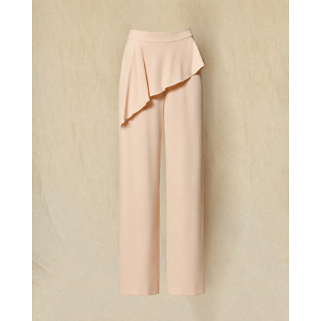 Pantalon palazzo rose poudré à détail volanté Edward Achour