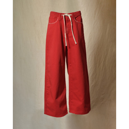Jean wide leg rouge à surpiqures beige Front Street