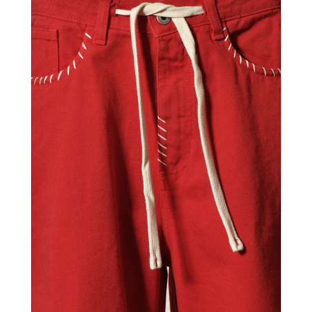 Jean wide leg rouge à surpiqures beige Front Street