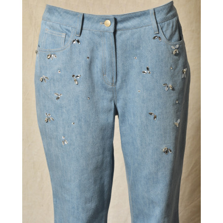 Jean en coton bleu à strass brodés Clips
