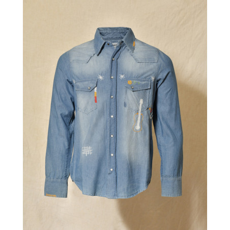 Chemise en coton bleu délavé à broderie multicolore Front Street