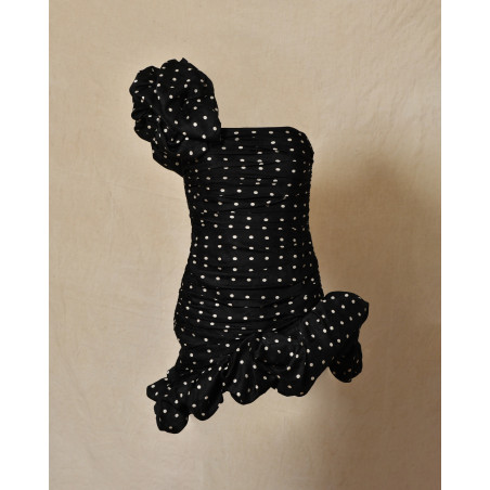 Robe bustier drapée noire à pois et volants Edward Achour