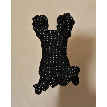 Robe bustier drapée noire à pois et volants Edward Achour