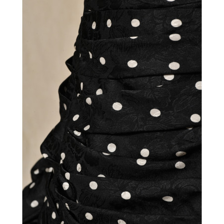 Robe bustier drapée noire à pois et volants Edward Achour