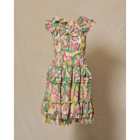 Robe bustier fleurie à volants et fronces multicolores Edward Achour
