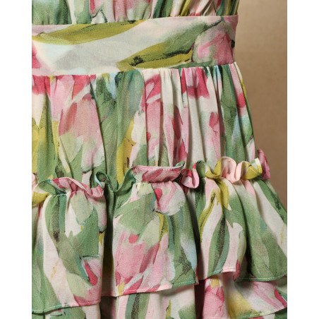 Robe bustier fleurie à volants et fronces multicolores Edward Achour
