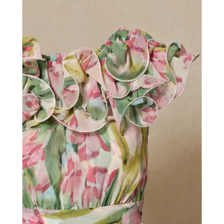Robe bustier fleurie à volants et fronces multicolores Edward Achour