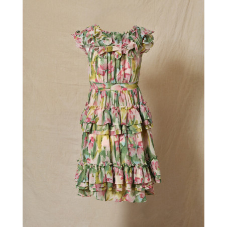 Robe bustier fleurie à volants et fronces multicolores Edward Achour