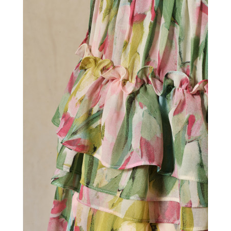 Robe bustier fleurie à volants et fronces multicolores Edward Achour