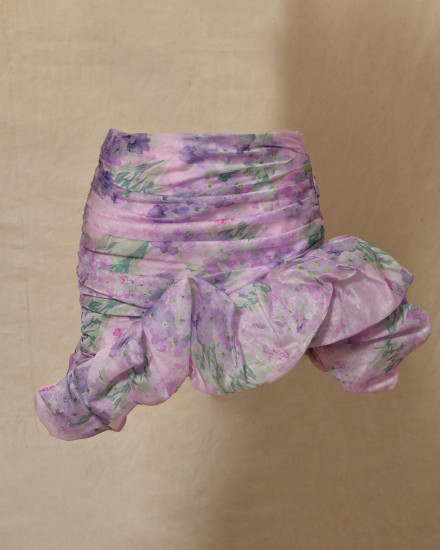 Jupe asymétrique froncé violette à imprimés floraux Edward Achour