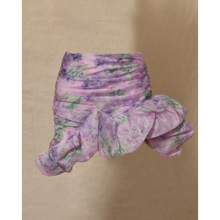 Jupe asymétrique froncé violette à imprimés floraux Edward Achour