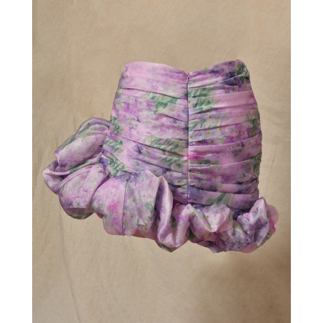 Jupe asymétrique froncé violette à imprimés floraux Edward Achour