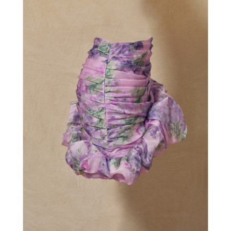 Jupe asymétrique froncé violette à imprimés floraux Edward Achour