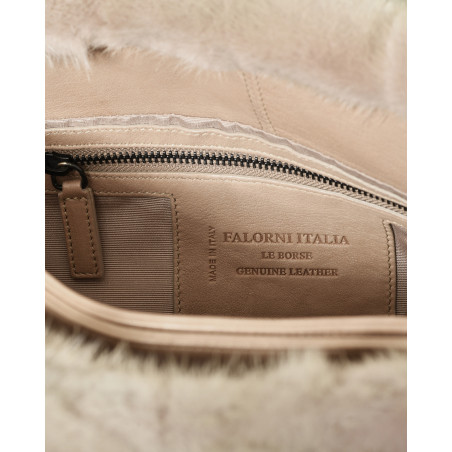 Sac taupe en fourrure à anses en cuir Falorni
