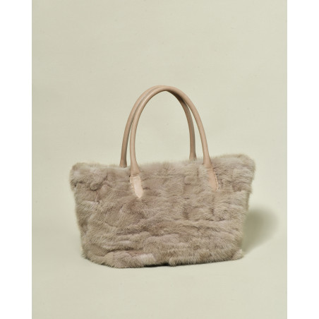 Sac taupe en fourrure à anses en cuir Falorni