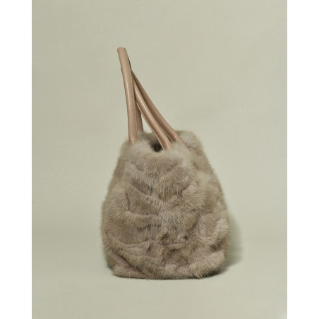 Sac taupe en fourrure à anses en cuir Falorni