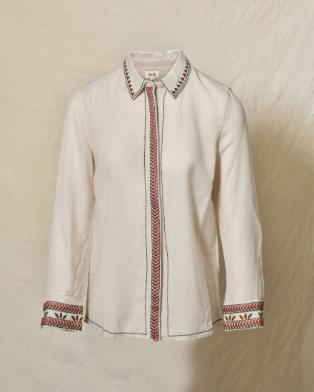 Chemise en laine beige à col brodé et détails contrastants Diega