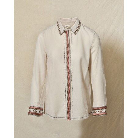 Chemise en laine beige à col brodé et détails contrastants Diega