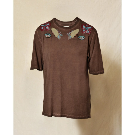 T-shirt marron à motifs floraux brodés Front Street