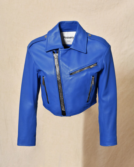 Veste en cuir bleu à multi zip Possery