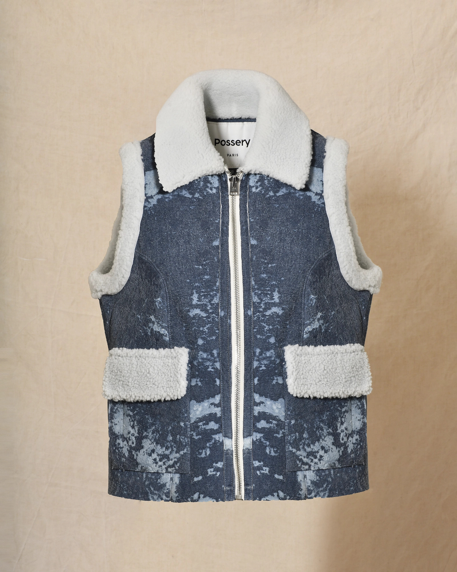 Veste sans manches bleu délavé et peau lainée Possery
