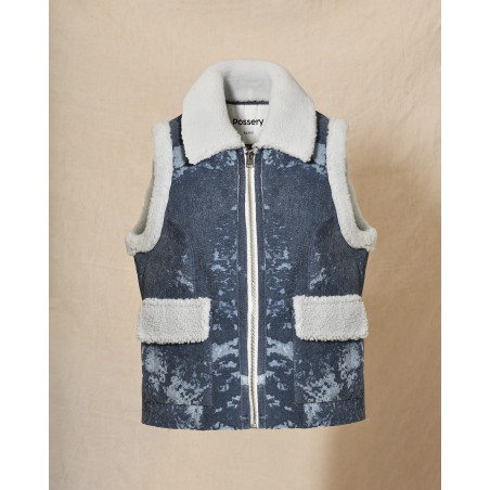 Veste sans manches bleu délavé et peau lainée Possery
