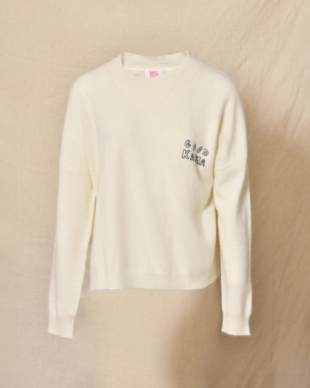 Pull en laine crème à inscriptions brodées bleues Ma Petite Capsule