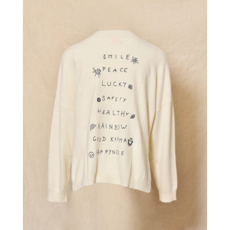 Pull en laine crème à inscriptions brodées bleues Ma Petite Capsule