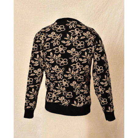 Pull en maille noir à imprimé floral beige Over-D