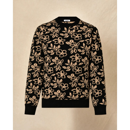 Pull en maille noir à imprimé floral beige Over-D