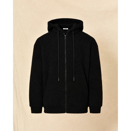 Sweat à capuche zippé en tissu bouclette noir Over-D