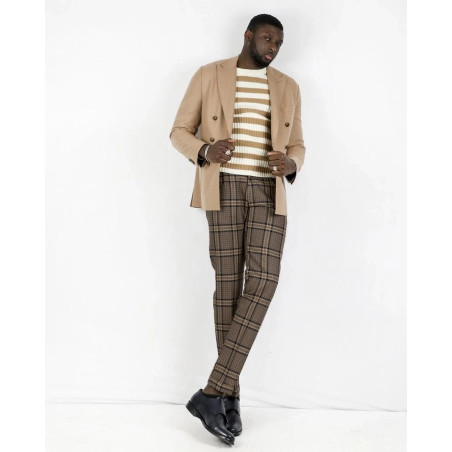 Pantalon tailleur en laine camel à carreaux Casheart pas cher - Out...