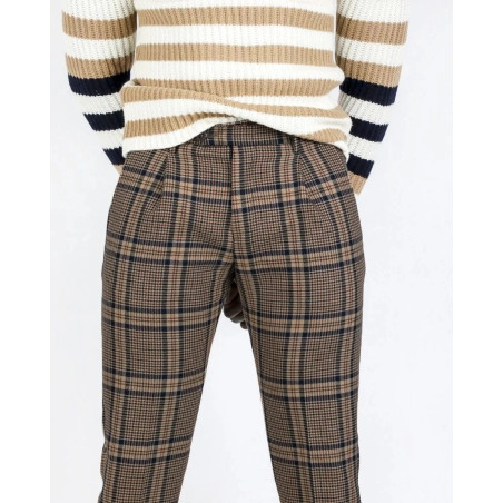 Pantalon tailleur en laine camel à carreaux Casheart pas cher - Out...