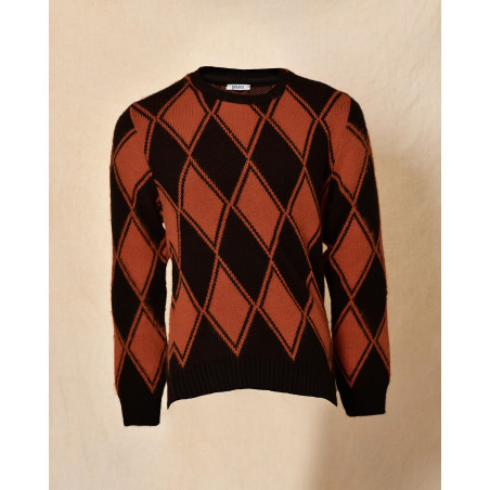 Pull en maille à motif losanges noir et terracotta Over-D