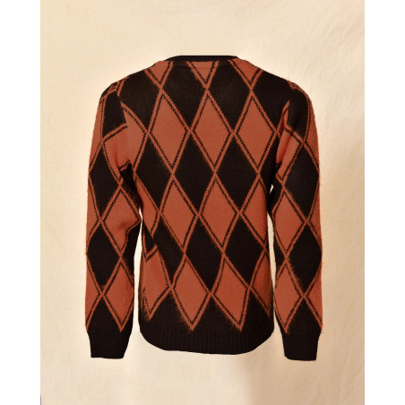Pull en maille à motif losanges noir et terracotta Over-D