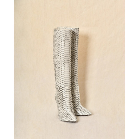 Bottes en cuir écrues effet python à talons aiguilles Sergio Rossi