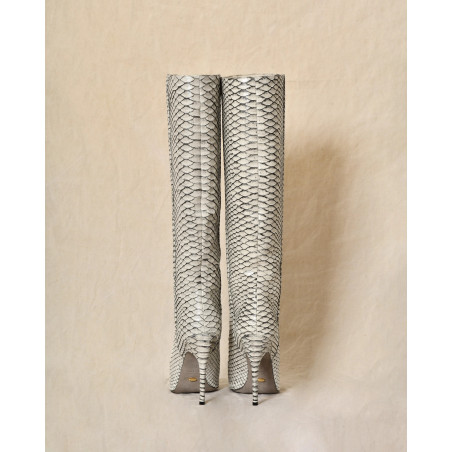 Bottes en cuir écrues effet python à talons aiguilles Sergio Rossi