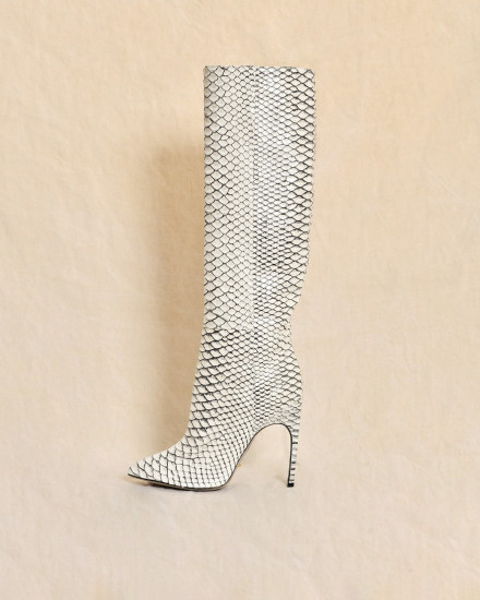 Bottes en cuir écrues effet python à talons aiguilles Sergio Rossi