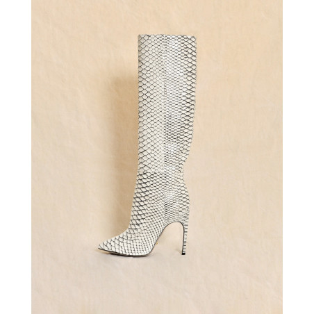 Bottes en cuir écrues effet python à talons aiguilles Sergio Rossi
